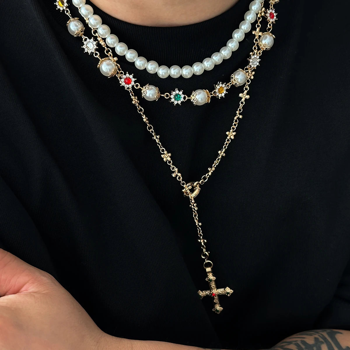 Gold Pearl Cross Necklace