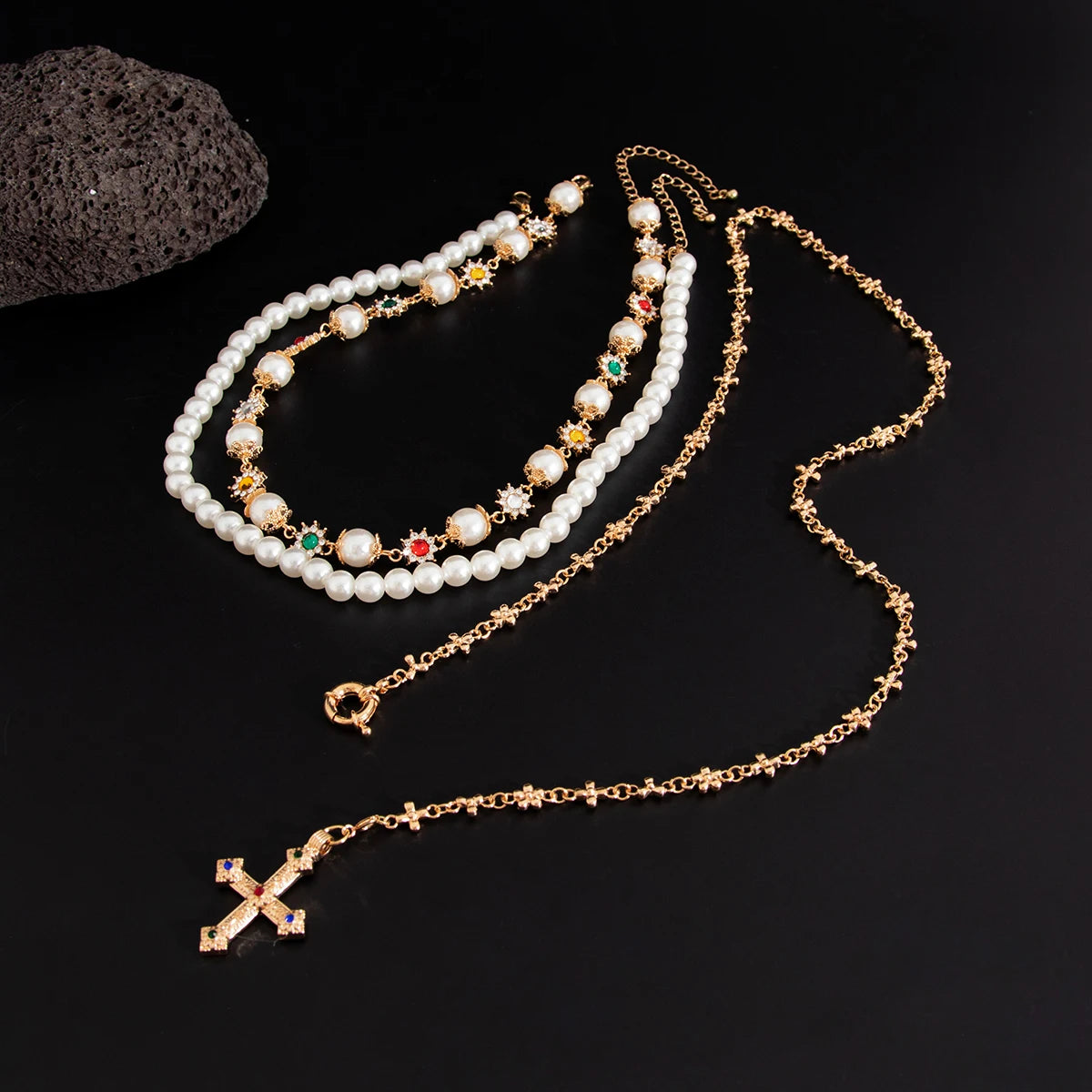 Gold Pearl Cross Necklace