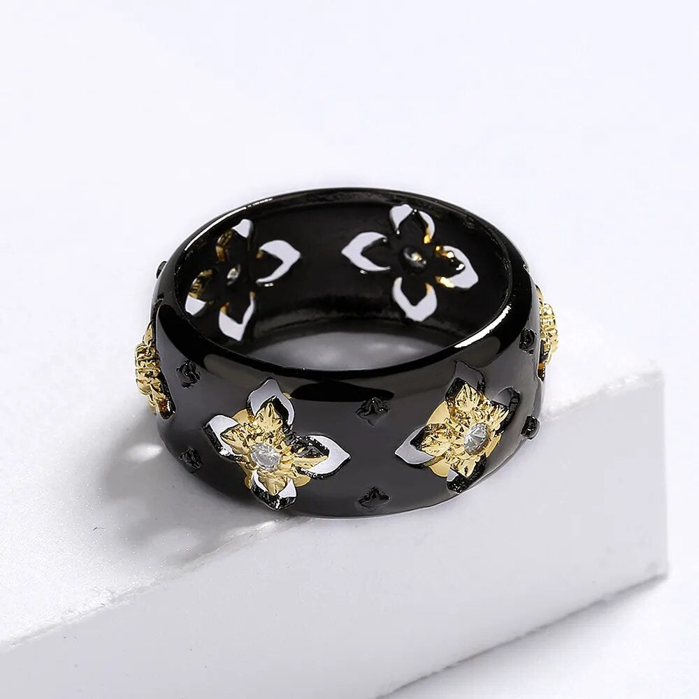 Gold on Black Flower Ring