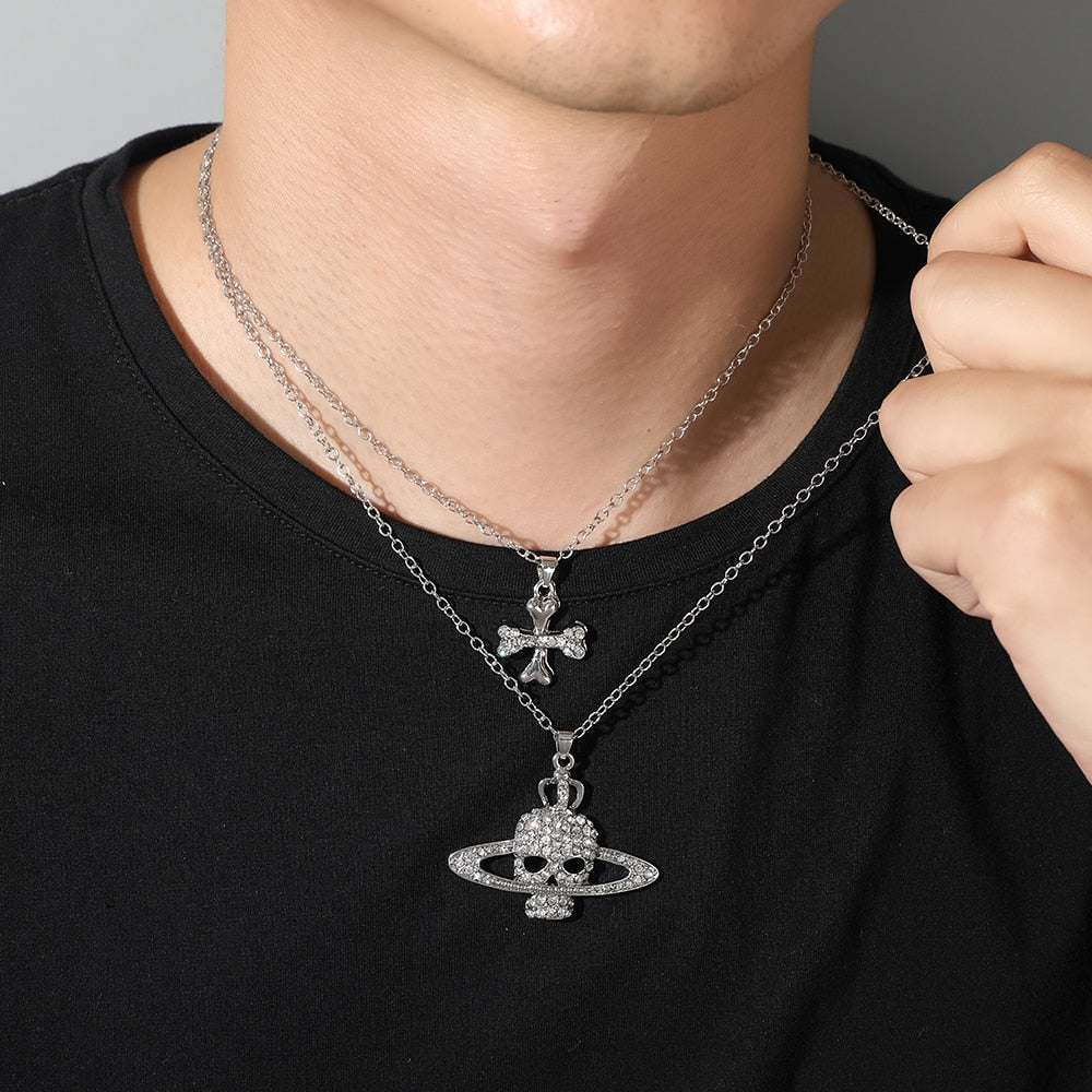 Rhinestone Skull Cross Saturn Necklace