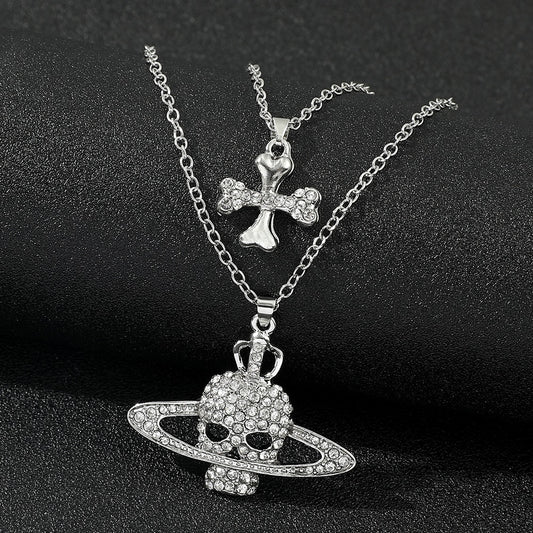 Rhinestone Skull Cross Saturn Necklace