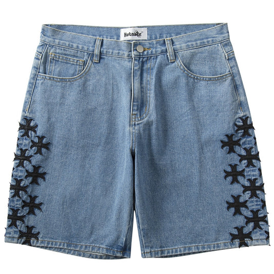 Leather Embroidered Denim Shorts