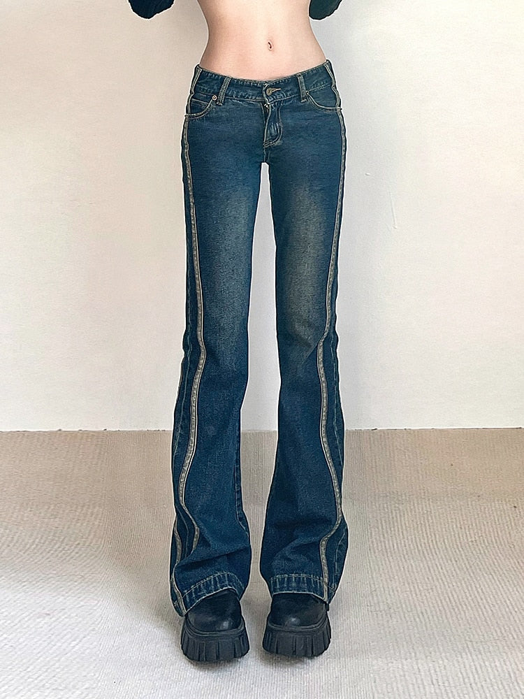 Womans Washed Vintage Low Rise Flare Jeans