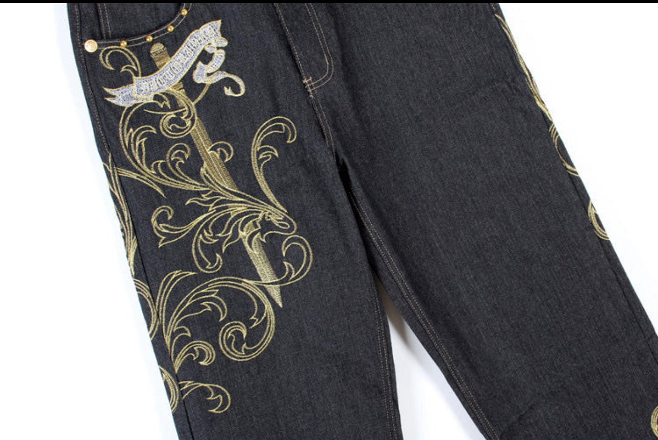 Golden Wings Embroidered Baggy Jeans