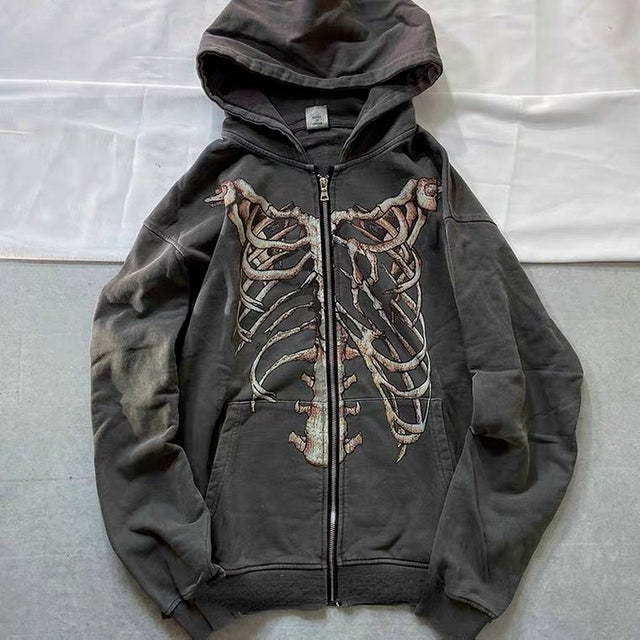 Y2K Streetwear Skeleton Zip Up Jacket